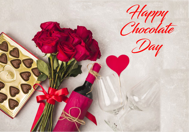 Happy Chocolate Day Wishes with Flowers Red Wine