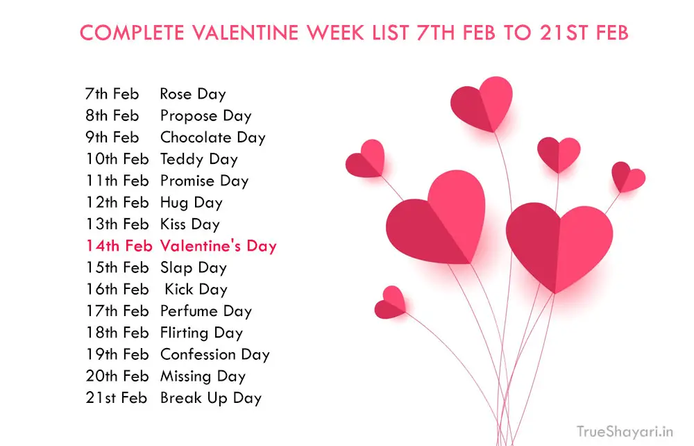 Complete Valentine Week List 7th Feb to 21st Feb